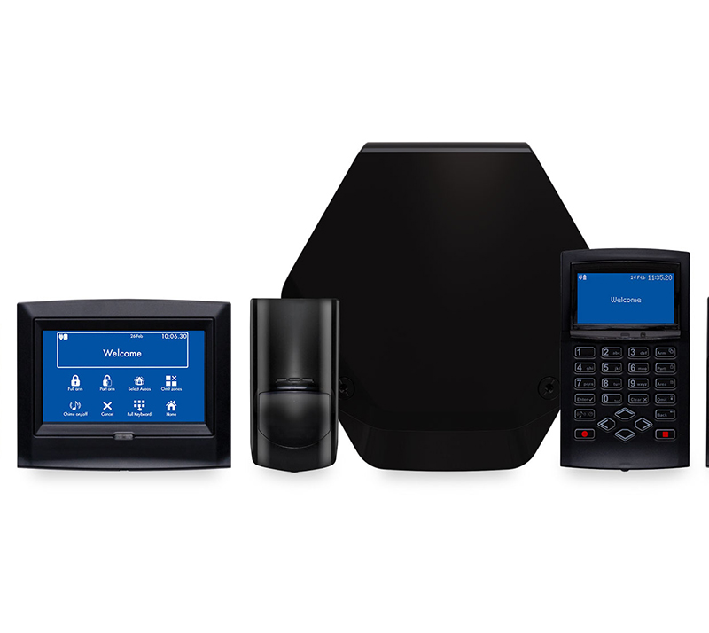 Orisec black-finish intruder alarm panel, keypad and touchscreen family