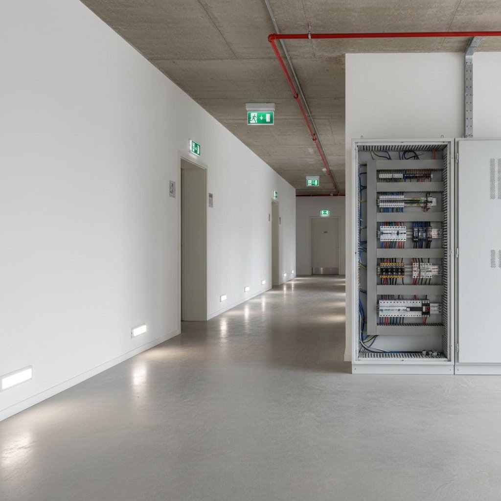 Commercial corridor with emergency exit lighting and electrical control panel
