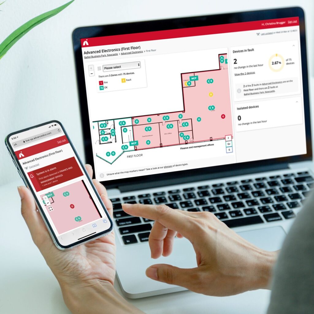 Advanced Live integrated fire and security management platform on laptop and mobile